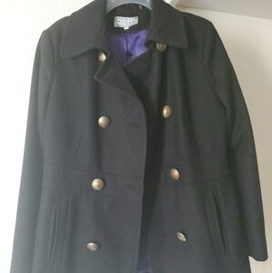 Pelle Pea Coat Double Breasted Wool Black jacket Large Purple Satin Lining